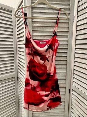 stradivarius Red and Pink Floral Cowl Neck Chiffon Slip Dress
